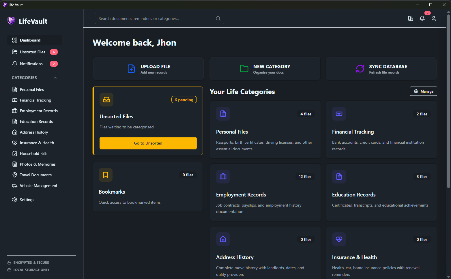 LifeVault dashboard screenshot